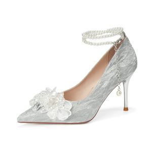 Escarpins de mariée à bout pointu, talon aiguille, bride cheville, décoration florale, doublure satinée, chaussures de mariage à talon haut 6681Y-205 - Product Image 5