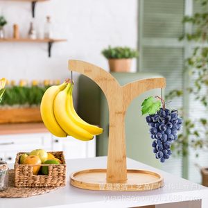 Solid Wood Banana Rack Round Desktop Fruit Storage Hook Wooden Hanging Rack For <b>Kitchen</b> Countertop - Product Image 1