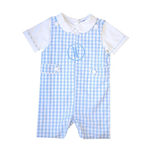 Enfants Garçons Vêtements Assortis Bleu Tissé Vichy Shortall Bouton Personnalisé Coton Nourrissons Bébé <span class=keywords><strong>Jon</strong></span> <span class=keywords><strong>Jon</strong></span> Barboteuse - Product Image 2