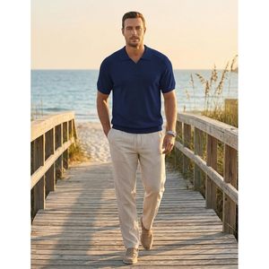 FOXA Polo tricoté à manches courtes pour homme, mélange de laine, col Johnny, hauts en maille - Product Image 5