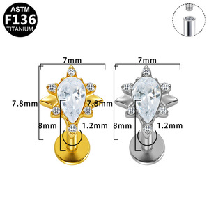 Clous d'oreilles en zircon en forme de goutte d'eau, en alliage de titane, à filetage interne, pour usage quotidien, bijoux de piercing unisexe tendance - Product Image 3