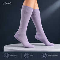 Chaussettes de compression à la lavande, soutien gradué du mollet, tableau de correspondance des tailles, manchette plus large, construction tricotée à bout plat, gradation des tailles, lavage