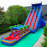 Toboggan aquatique gonflable géant à double piste de 33 pieds de haut avec piscine, thème tropical et effet de jet de feu
