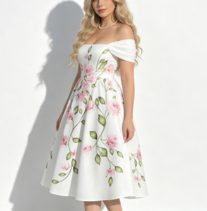 Robe midi élégante à imprimé floral et épaules <span class=keywords><strong>d</strong></span>énudées pour femme, avec manches courtes bouffantes, coupe trapèze évasée, idéale pour les fêtes en <span class=keywords><strong>jardin</strong></span> et les vacances - Product Image 1