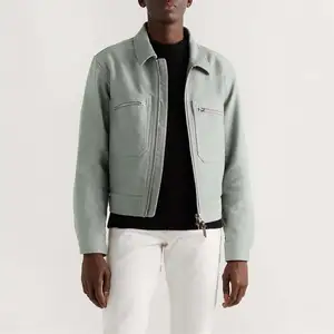 Oem 사용자 정의 가죽 패치 남자의 라임 그린 100% 능직 면 지퍼 포켓 의류 씻어 클래식 작업복 재킷