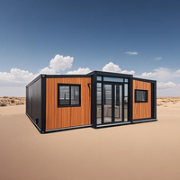 Maison conteneur modulaire extensible, structure en acier pliable, villa préfabriquée à grain de bois, espace de vie avec portes et fenêtres en verre