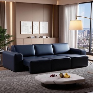 Sofá de cama retráctil eléctrico de cuero de vaca Negro Grande Normcore italiano, juego de sala de estar con función de sofá de bloque de tofu recto - Product Image 5