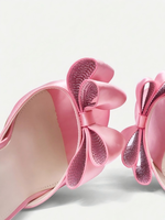 Sandales mules roses en satin pour femmes, à bout rond et talon épais, avec nœud surdimensionné et strass, chaussures de soirée pour la vente en gros