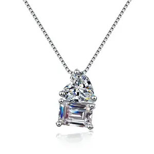 2023 Popular Fine Jewelry S925 Sterling Silver Necklace Wedding Pendant Heart-shaped Emerald-cut 2CT Moissanite Diamond Chain