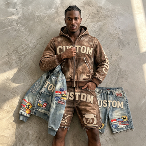 Ensemble sweat à capuche zippé en jean et short déchiré pour homme, broderie patchwork, streetwear délavé, logo personnalisé OEM ODM - Product Image 1