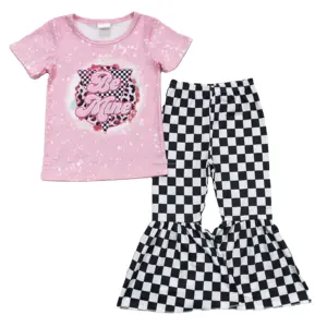 be mine pink short sleeve outfits Black and white check cheap china wholesale kids clothing baby clothes girls