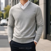 Herren Grauer V-Ausschnitt Strickpullover Langarm Casual Pullover für Winter-Layering Minimalistisches Kleiderschrank-Grundstück