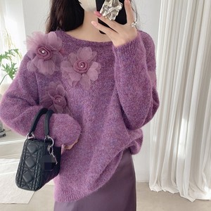 Pull en tricot pour femme, orné de fleurs, col bateau, coupe oversize, décontracté, tendance - Product Image 1