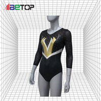 Justaucorps de gymnastique noir à manches 3/4 avec feuille d'or et strass intégraux en forme de V, combinaison de compétition personnalisée pour filles, uniforme de performance