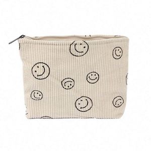 Sac de maquillage portable en velours côtelé motif visage souriant, style INS, pour voyage, rangement de cosmétiques – Vente chaude - Product Image 1