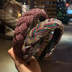 도매 다채로운 짠 크로스 매듭 Hairband 헤어 액세서리 꼰 무지개 반짝이 여러 가지 빛깔의 머리띠