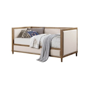 Beige Velvet Upholstered <b>Foldable</b> 1pc Day Bed Light Oak Bed Frame Nailhead Trim Bedroom Furniture <b>Mattress</b> Living Room Hotel - Product Image 3