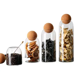 Vente chaude 500/800/1200/1500ml ensemble de bocaux en verre borosilicaté transparent avec couvercle en liège en bois bouteilles de stockage des aliments bocaux