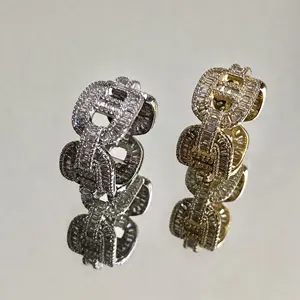 Сверкающее мужское кольцо на палец H-образный прямоугольный кубический цирконий Сверкающее серебряное золото хип-хоп ювелирное изделие