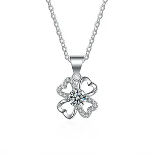 Women's Sterling Silver necklace Moissanite 4-leaf clover pendant Necklace for party wedding girlfriend sister