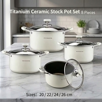 Set Panci Keramik Titanium 8 Buah Warna Krem Putih Anti Lengket dengan Tutup Kaca dan Gagang Stainless Steel, Aman untuk Kompor Induksi dan Oven