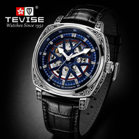Montre automatique à remontage automatique pour homme TEVISE, boîtier tonneau de luxe, design squelette, bracelet en cuir, montre de sport
