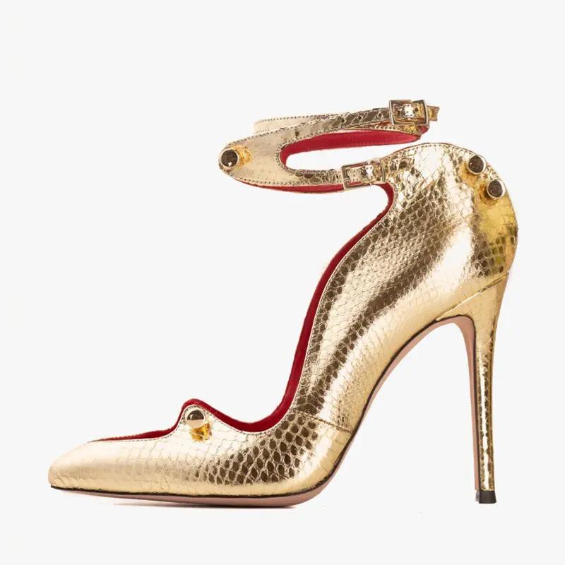 Xinzi รองเท้าส้นสูงสำหรับผู้หญิงขนาด45ซม. ปรับแต่งได้, ส้นสูงบาง12ซม. ทำจากหนังสีทองหัวแหลมสง่างามมีซับในสีแดง