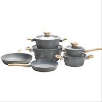 Set Peralatan Masak Aluminium Anti Lengket Lapisan Granit Siap Kirim Gagang Kayu 10pcs Set Peralatan Masak Induksi