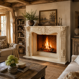 Chimenea tradicional de mármol con tallado ornamentado, de mármol amarillo brillante, para interiores, con estufa de leña para comedor. - Product Image 6