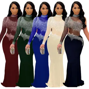 2024 Plus Size Elegant Slim Satin Rhinestone Party Dresses Long Sexy Evening Dress