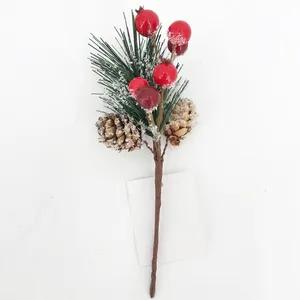 Celebration Party Supplies Hot Sell Christmas Items Winter Snow Finished Pine Needle Red Berry Mini Pick Christmas Decoration