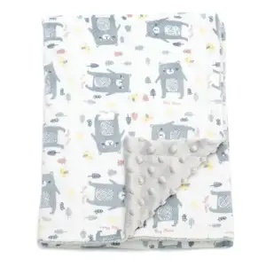 Super suave de impresión personalizada para niños niño niña 100% tela de lana de poliéster con Grey Animal oso 3D Pom visón Minky punto manta de bebé