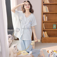 Piyama Kasual Lucu Motif Kartun 2 Potong untuk Musim Panas, Bahan Katun Snowflake, Lembut, Bernapas, Pakaian Tidur Wanita Longgar ODM