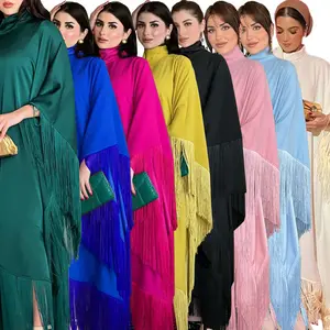 Gaun Muslim Kaftan gamis rumbai lengan Tengah, gaun Abaya hitam