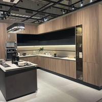 Meuble îlot multifonctionnel moderne en bois foncé avec bar, éclairage LED, zone vin et buanderie, unité de maison personnalisée, robinet, charnière, tiroir et panier