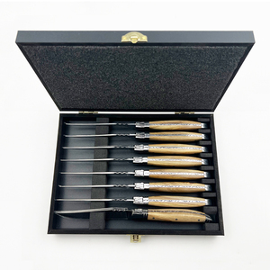 Ensemble de couteaux à <span class=keywords><strong>steak</strong></span> à bon prix, personnalisé ou standard, ensembles de couteaux à <span class=keywords><strong>steak</strong></span> de 8 pièces, <span class=keywords><strong>couteau</strong></span> à <span class=keywords><strong>steak</strong></span> Laguiol en bois d'<span class=keywords><strong>olivier</strong></span> avec boîte cadeau en bois - Product Image 1