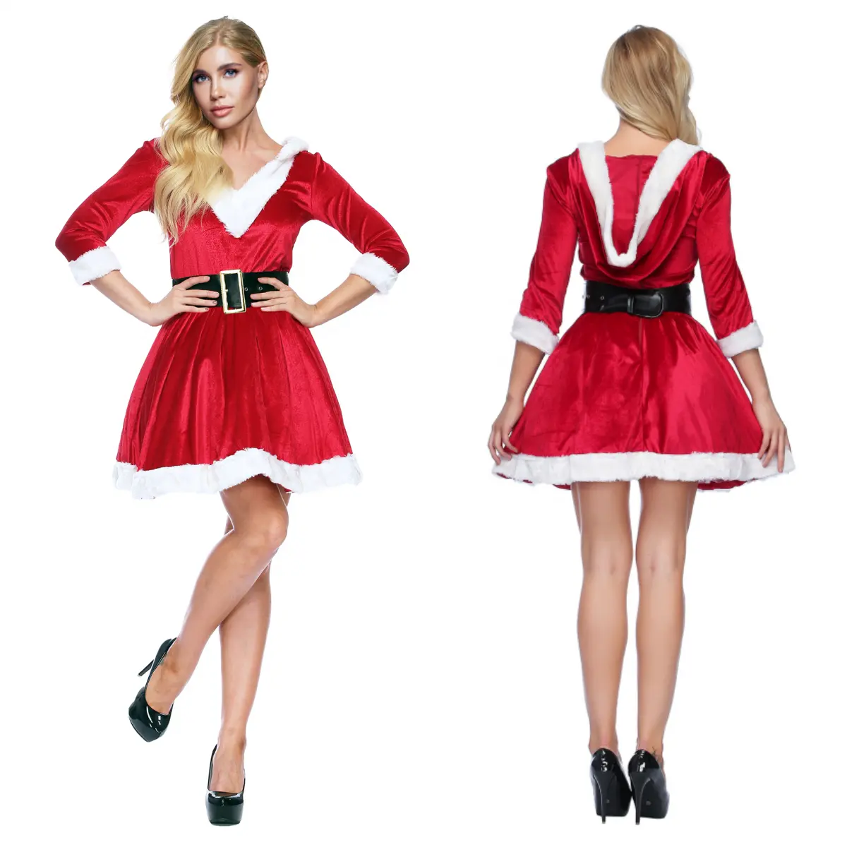 Abito da donna Babbo Natale rosso vestito in poliestere abbigliamento natalizio per adulti per ragazze