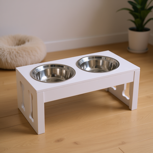 Estación elevada para alimentar perros con cuencos de acero inoxidable, diseño moderno, soporte 2 en 1 para cuencos de mascotas, para perros de interior, color blanco. - Product Image 2