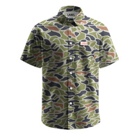 Op maat bedrukt sublimatie shirt met UPF 50, vintage eenden camouflage, korte mouwen, knoopsluiting, sneldrogend, 4-weg stretch, casual werkshirt