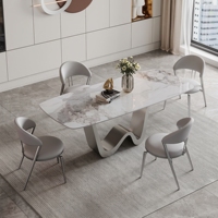 Table à manger moderne en pierre frittée, plateau en faux marbre, base ondulée dorée, table rectangulaire pour salle à manger
