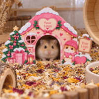 Abri pour hamster en bois de bouleau écologique avec un thème rose de Noël, personnalisable avec votre logo