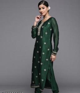 Nouveau Style Moderne Femmes Agrémenté Droite Kurta Vert Soie Mélange Tissu Dernier Design Ethnique Costume pour les Occasions Spéciales - Product Image 6