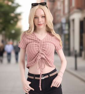 Haut en tricot pour femmes, manches courtes, col en V, à lacets, couleur unie, décontracté, 100% polyester - Product Image 2