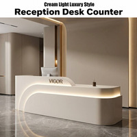 Bureau d'accueil moderne blanc crème avec bande lumineuse LED, comptoir de réception minimaliste pour bureau, salon, clinique de beauté