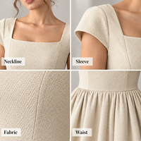 Robe Midi Femme Marque Privée, Tissée, Jupe Froncée, Col Carré, Manches Courtes, Taille Cintrée, Coupe Trapèze, pour Occasions Spéciales