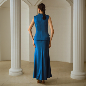 Abito Vintage in <span class=keywords><strong>Raso</strong></span> <span class=keywords><strong>Blu</strong></span> Pavone con Pieghe per Donne, Taglia Personalizzabile, Poliestere Ecologico, Stile Casual, Lunghezza Maxi, per Occasioni e Feste - Product Image 6