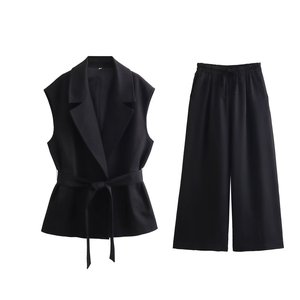 Gilet <span class=keywords><strong>taille</strong></span> <span class=keywords><strong>haute</strong></span> en lin de couleur unie <span class=keywords><strong>tailleur</strong></span>-<span class=keywords><strong>pantalon</strong></span> extensible à jambes larges pour femmes - Product Image 1