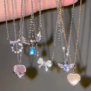 2023 Hot Sale Y2K Super Spark ing Zirkon Schmetterling Herz Mondstein Perle Anhänger Halskette Kette für Frauen Mädchen Schmuck Geschenke