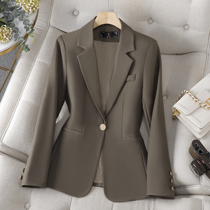 Women's Brown Long Sleeve Blazer Slim Fit Anti Wrinkle Solid Color Polyester Suit Jacket For Autumn 2023 - Product Image 1