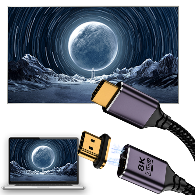 Factory HDTV 2.1 8K 60Hz Magnetic HDMI Male Nylon Data Cable 48Gbps Fast HD Audio Charging Wire for Laptop TV Projector